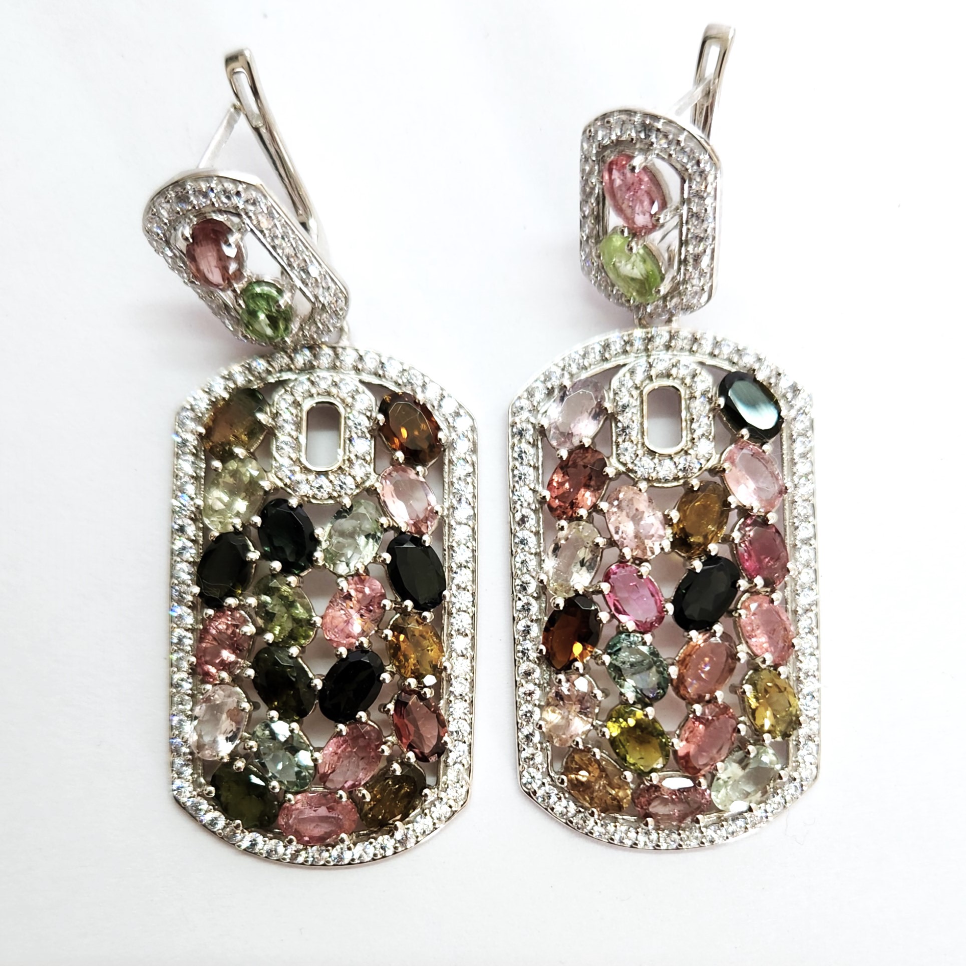 Multi-colored Tourmaline Gemstones in Rhodium Plated 925 Silver Earrings